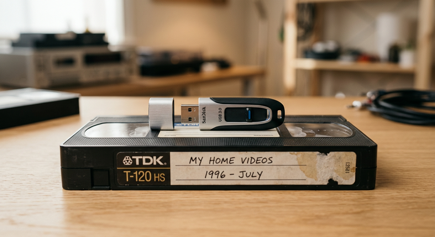 Флешка лежит на видеокассете VHS